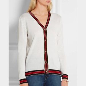 Gucci Ivory Striped Wool-Blend Trimmed Wool Cardigan